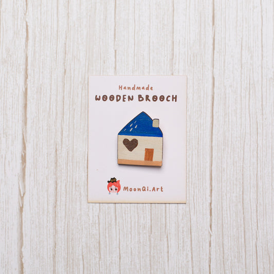 Blue House - Wooden Brooch